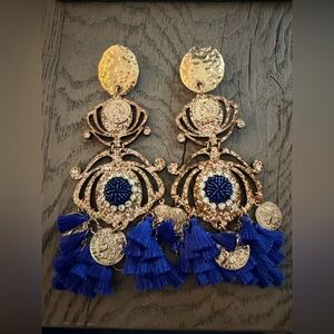 Elegant Gold and Blue Tassel Earrings
